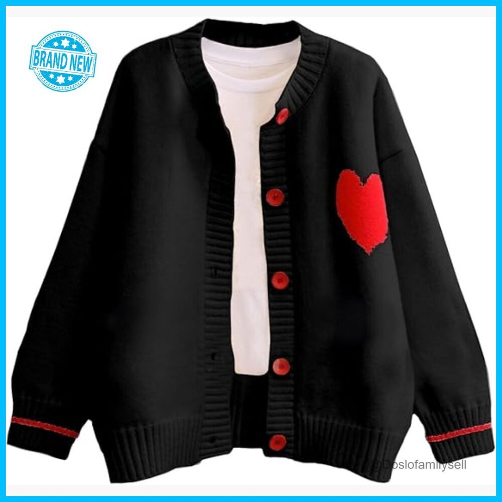 Cute Heart Print Cardigan Sweater Y2K Button Knit Drop Shoulder Ribbed Trim